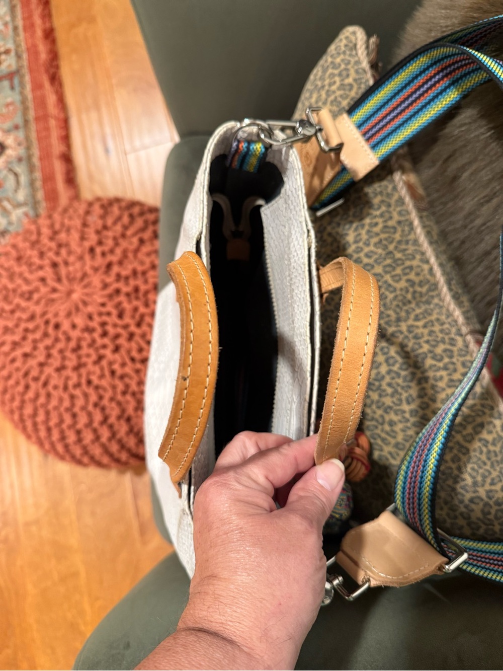 Consuela White Textured Tote with Tan Handles and Multicolor Strap - Picture 11 of 14